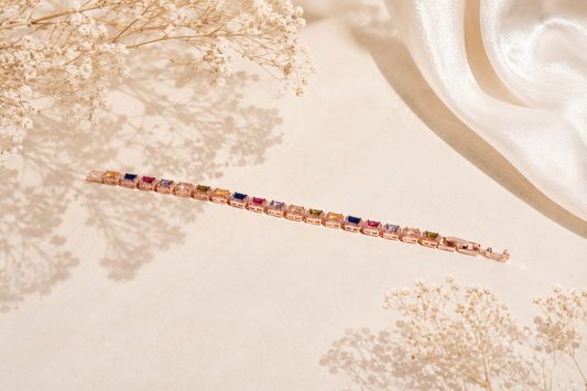 Prism of Joy: Rose Gold-Plated Multi-Color Baguette Tennis Bracelet