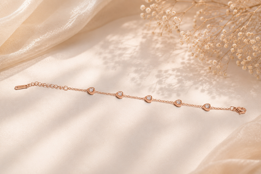 Ethereal Hearts: Rose Gold Crystal Station Bracelet