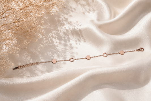 Hexa-Harmony: Premium Rose Gold-Plated Geometric Link Bracelet