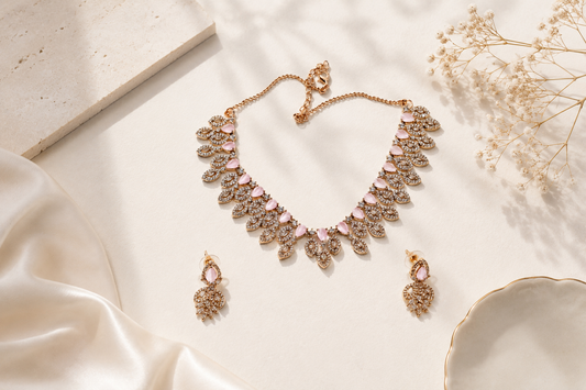 Blush Petal Serenity: 18k Gold-Plated Rose Quartz-Style Crystal Necklace & Earring Set