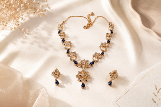 Royal Filigree Heritage: 18k Gold-Plated Ornate Crystal Necklace & Earring Set