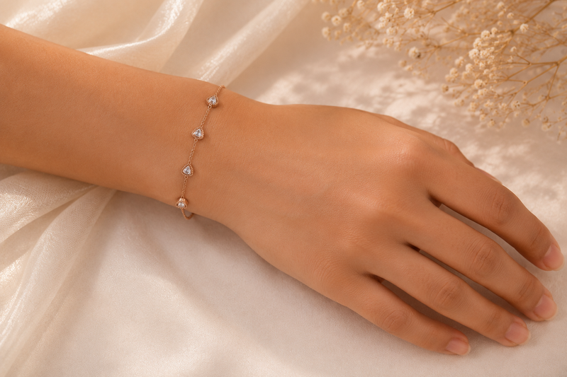 Ethereal Hearts: Rose Gold Crystal Station Bracelet