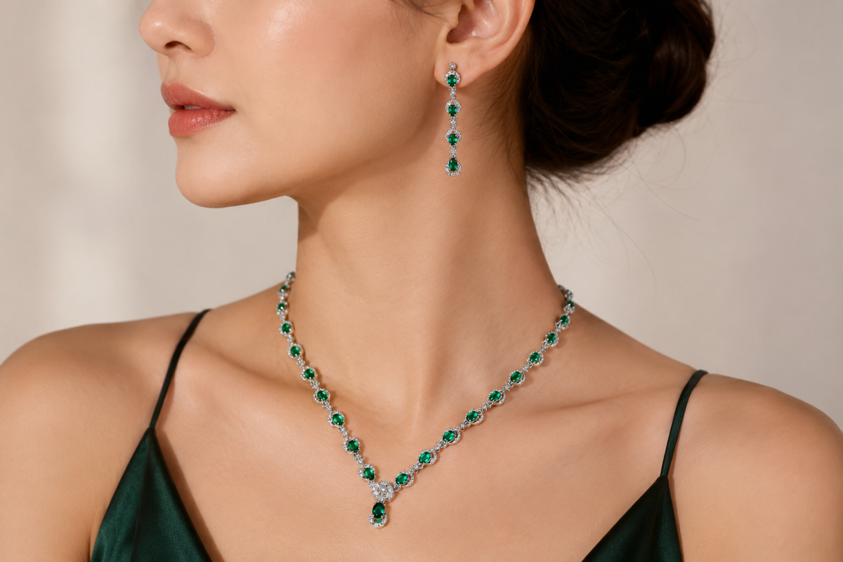 Ethereal Verdant Radiance: 925 Sterling Silver Emerald-Cut Parure