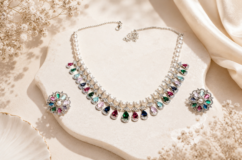 Imperial Gala Kaleidoscope: 925 Silver-Plated Pearl & Multi-Gem Statement Set