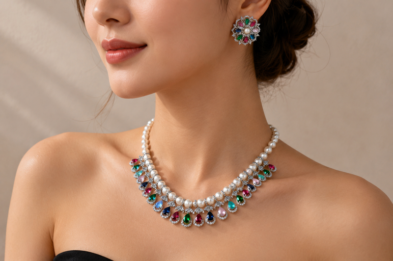 Imperial Gala Kaleidoscope: 925 Silver-Plated Pearl & Multi-Gem Statement Set