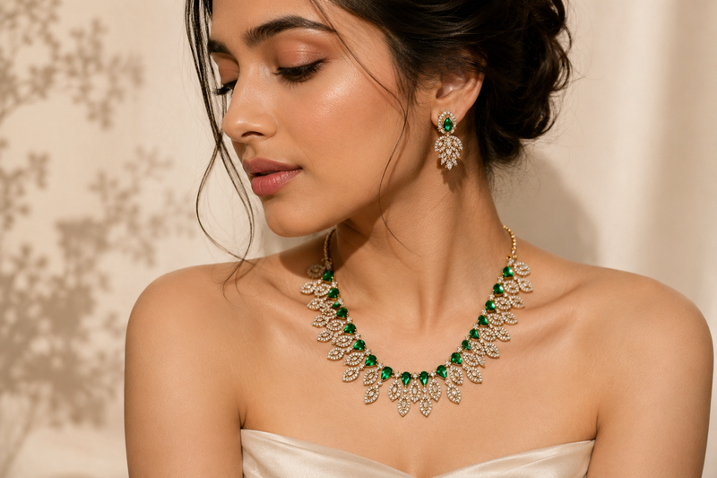Verdant Leaf Heirloom: 18k Gold-Plated Emerald Crystal Necklace & Earring Set
