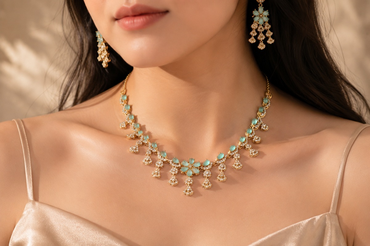 Ethereal Mint Blossom: 18k Gold-Plated Pastel Crystal Necklace & Earring Set
