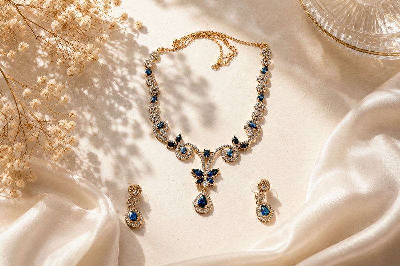 Sapphire Monarch Elegance: 18k Gold-Plated Butterfly Crystal Necklace & Earring Set