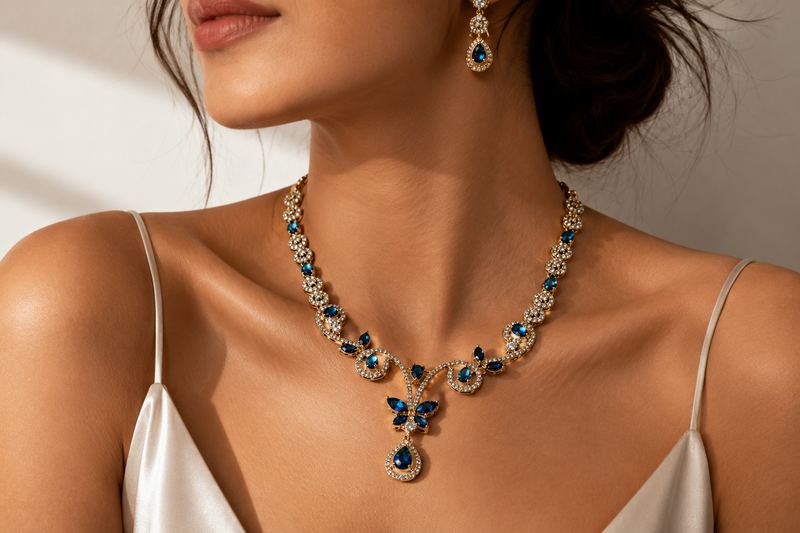 Sapphire Monarch Elegance: 18k Gold-Plated Butterfly Crystal Necklace & Earring Set