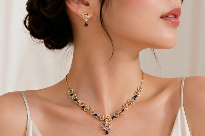 Royal Filigree Heritage: 18k Gold-Plated Ornate Crystal Necklace & Earring Set