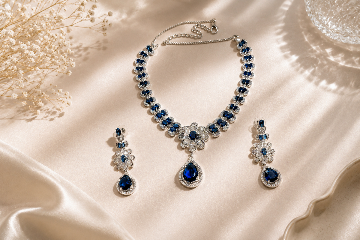 The Royal Sapphire Bloom Collection: Handcrafted 925 Sterling Silver Set