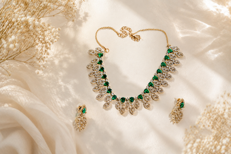 Verdant Leaf Heirloom: 18k Gold-Plated Emerald Crystal Necklace & Earring Set