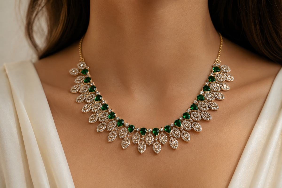 Verdant Leaf Heirloom: 18k Gold-Plated Emerald Crystal Necklace & Earring Set