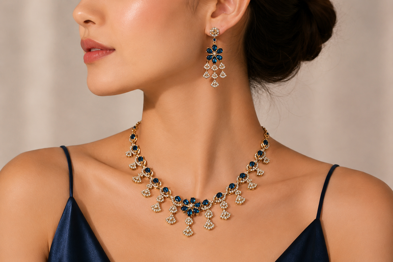 Azure Blossom Radiance: 18k Gold-Plated Crystal Floral Necklace & Earring Set