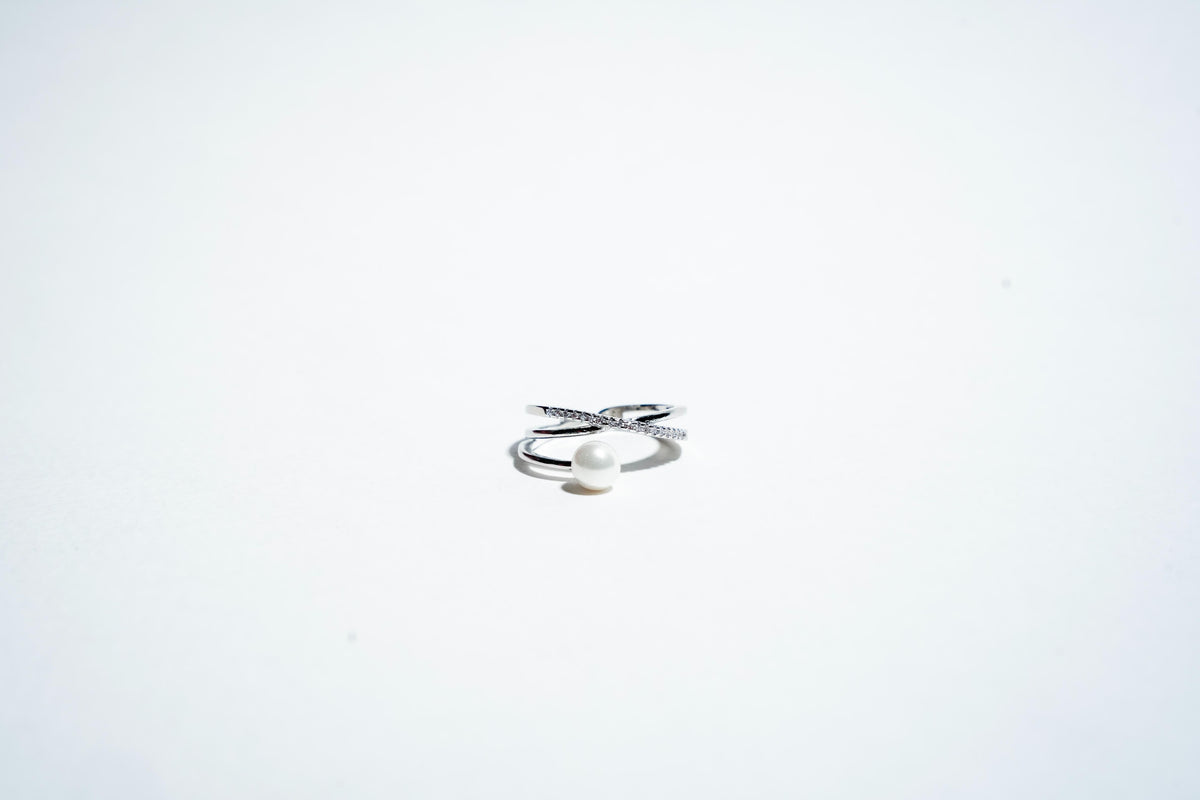The "Ethereal Intertwine" Pearl & Pavé Crossover Ring